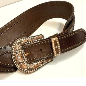 Angel Ranch Leather Western Belt Tooled Studded Crystal Overlay Waist Women MED
